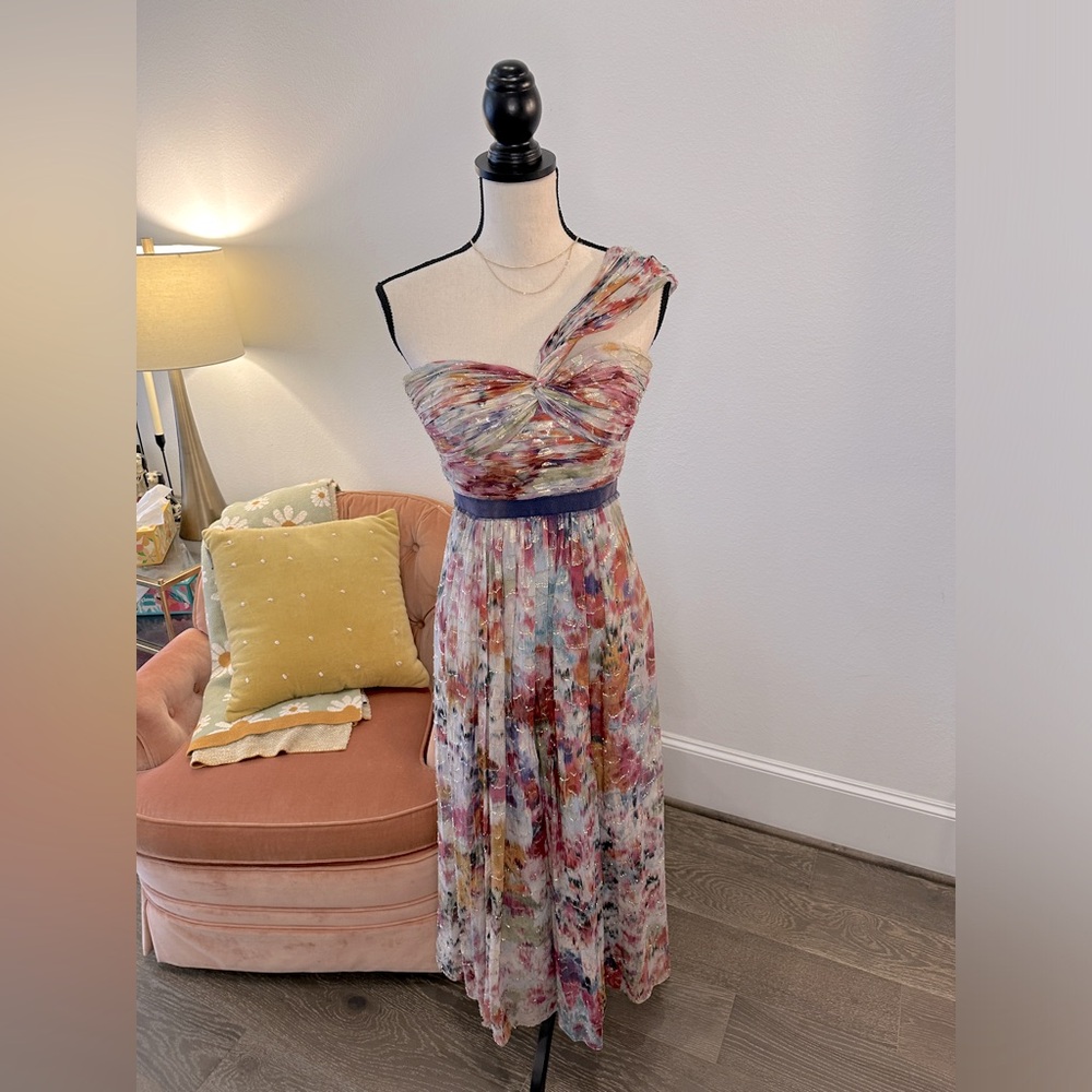 BCBG | Multicolored Metallic Watercolor Print One-Shoulder Gown | Size 2